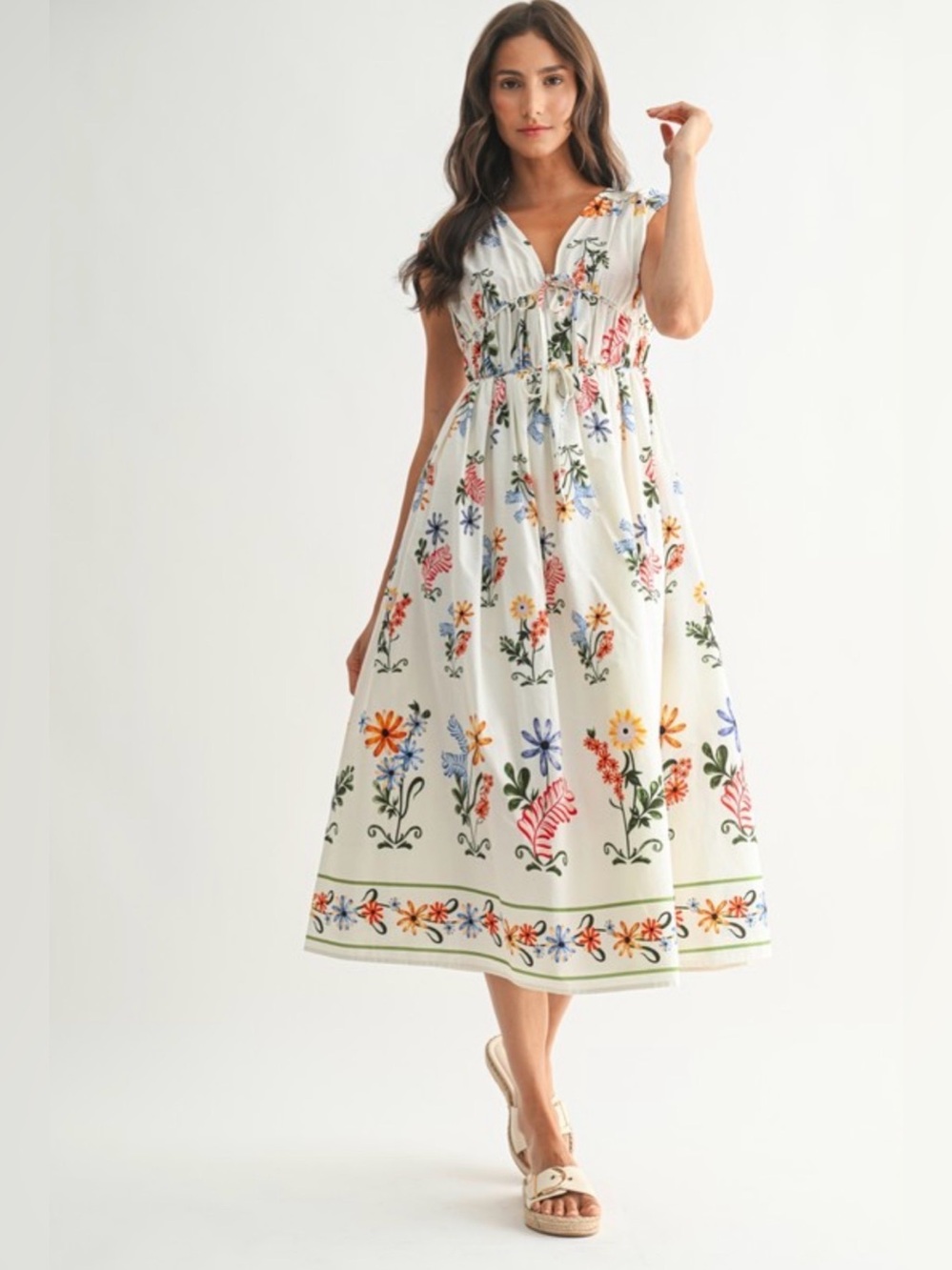 A427. Floral Printed White Midi Dress